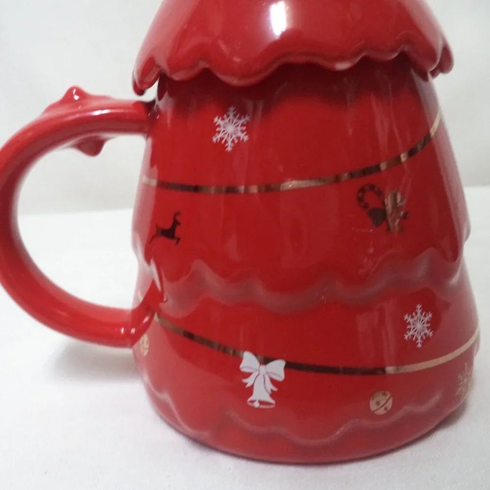 Christmas Tree lidded Mug Cup Snowflakes Stars Reindeer Bells ceramic straw hole
